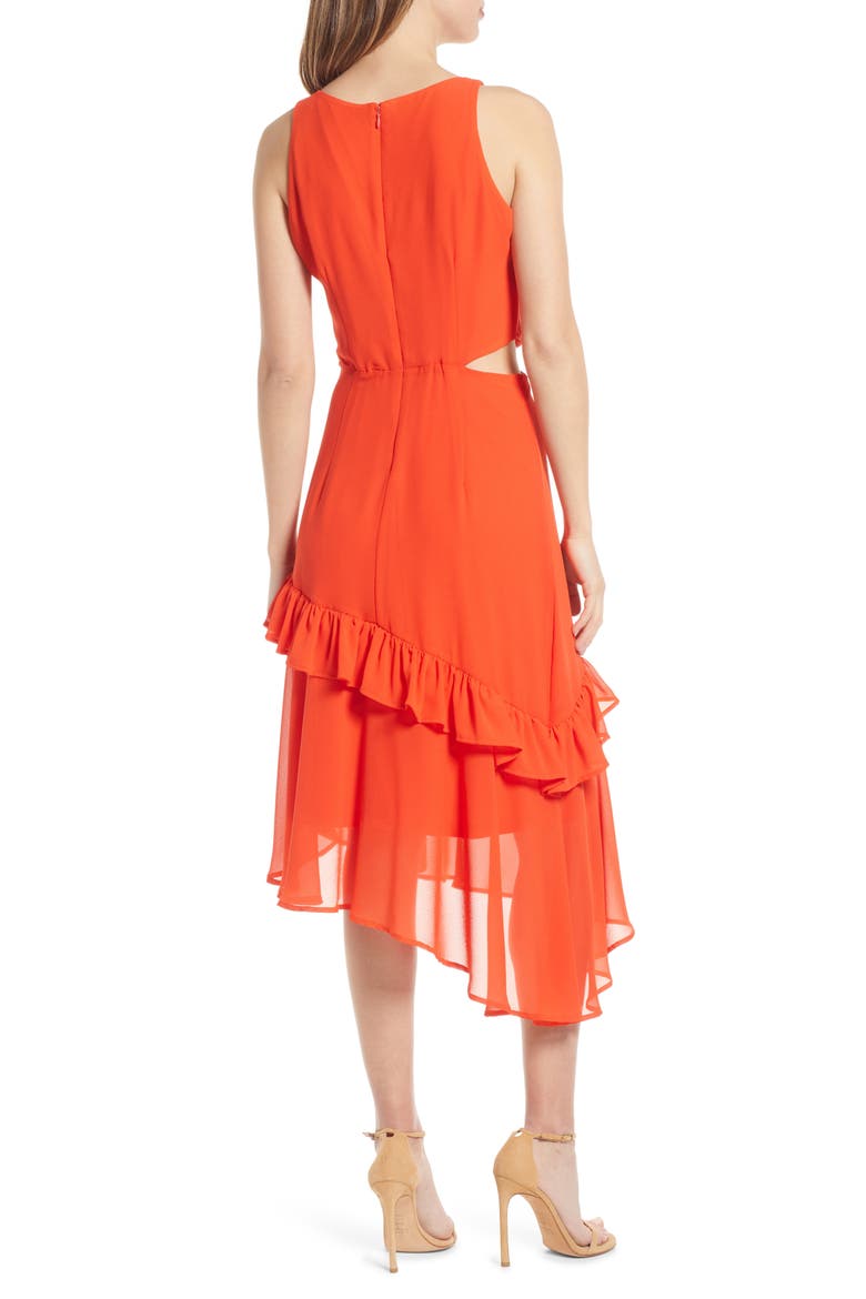 Ruffle Cutout Midi Dress, Alternate, color, CORAL