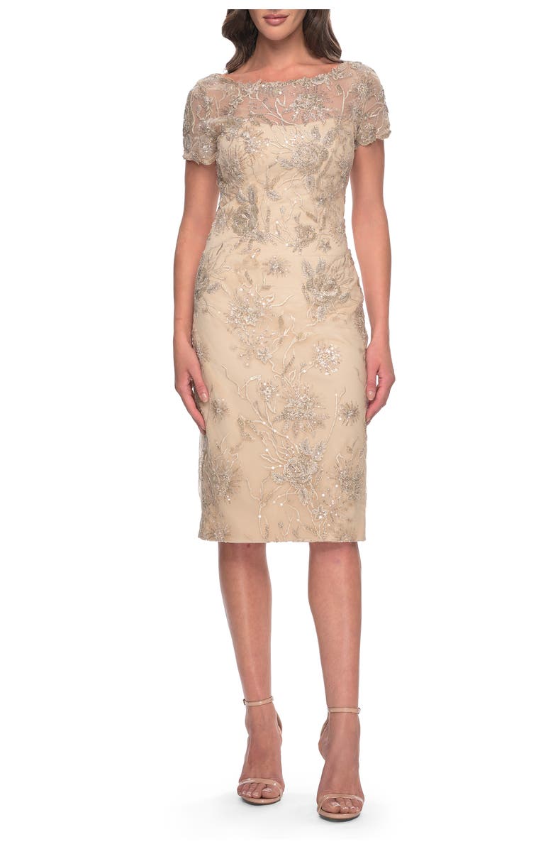 La Femme Beaded Short Evening Dress with Illusion Neckline, Main, color, Champagne