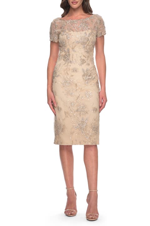 Beaded Short Evening Dress with Illusion Neckline