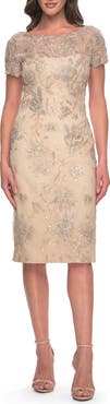 La Femme Beaded Short Evening Dress with Illusion Neckline