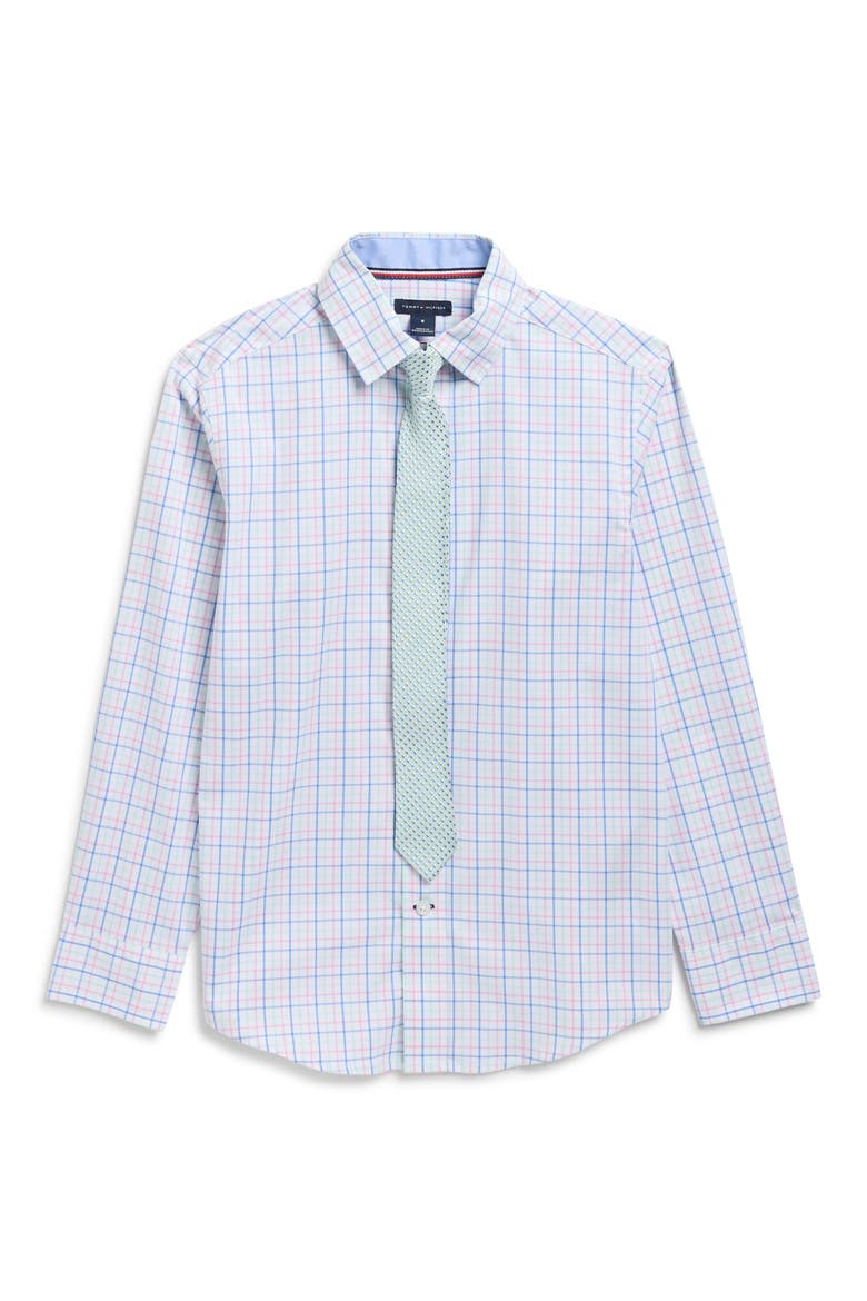 Kids' Tribeca Check Stretch Dress Shirt with Tie, Main, color, PRISM PINK