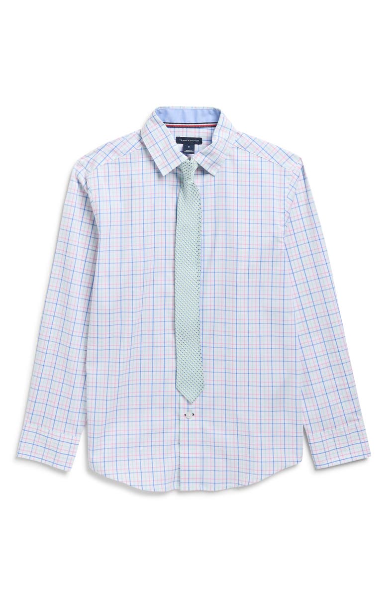 Tommy Hilfiger Kids' Tribeca Check Stretch Dress Shirt with Tie, Main, color, Prism Pink