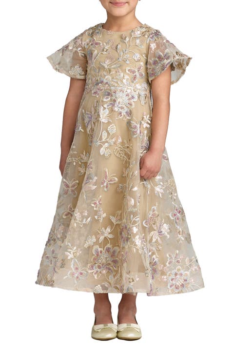 Girls Floral Embroidered Mesh Flutter Sleeve Dress