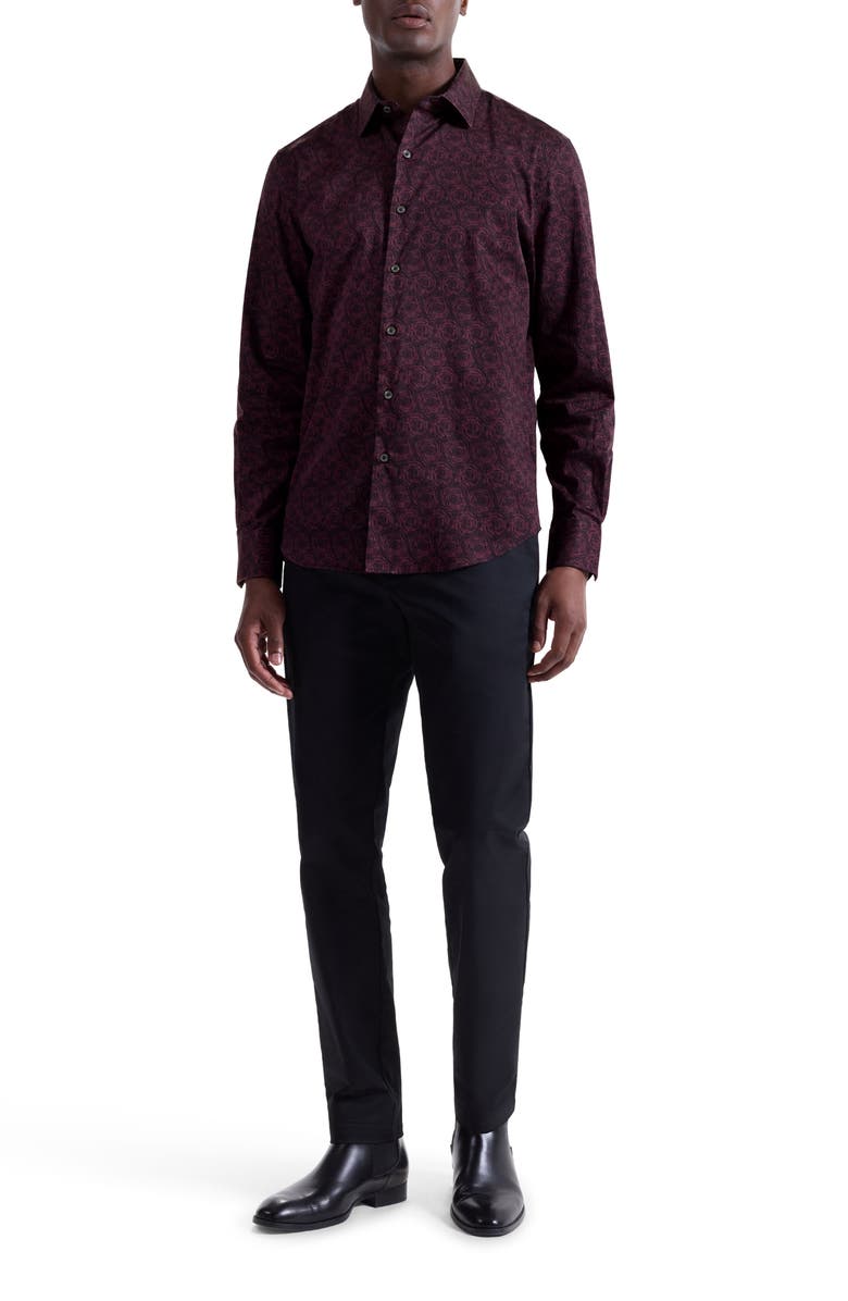 Bugatchi Julian Shaped Fit Abstract Print Button-Up Shirt, Alternate, color, Burgundy