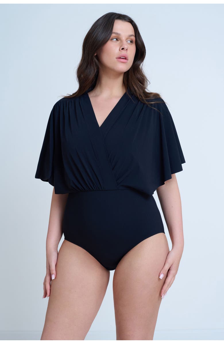 Gottex Modest Modest Sleeved Surplice Blouson One Piece, Main, color, Black