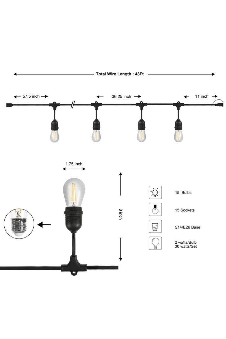 15-Light Indoor/Outdoor Rustic Industrial LED S14 Edison Buld String Lights, Alternate, color, Black