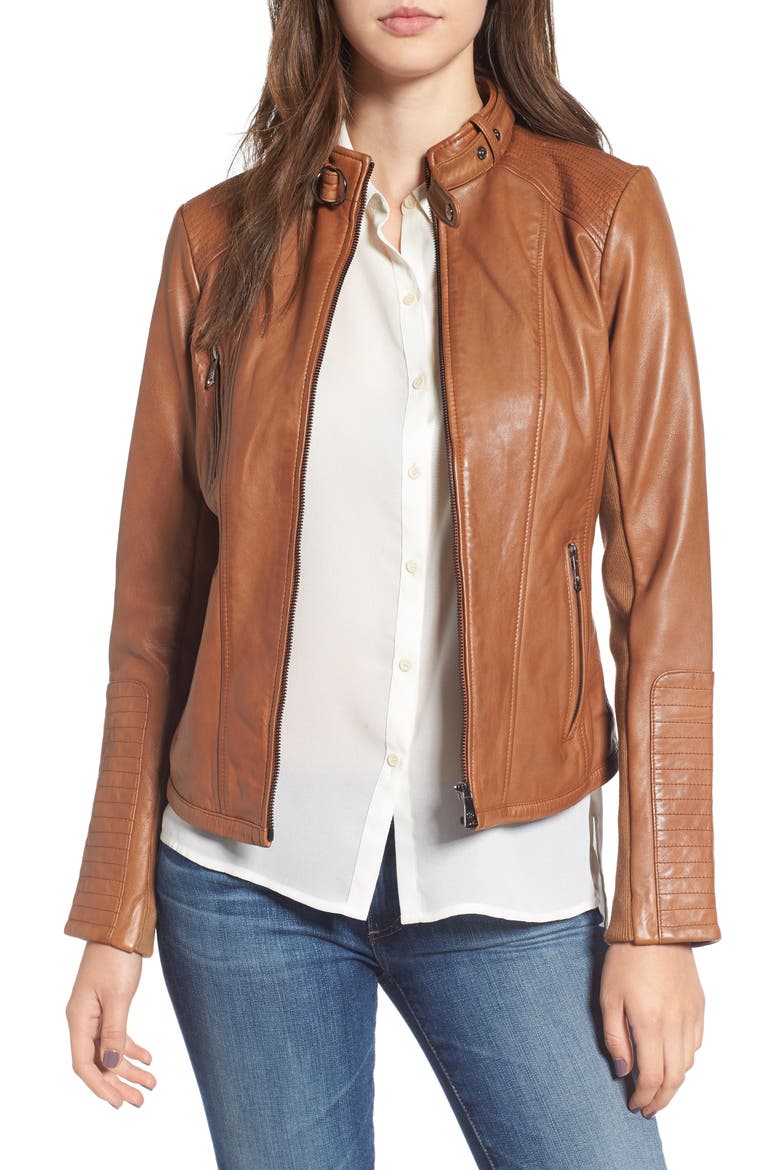 Zip Front Leather Biker Jacket, Main, color, NEW COGNAC