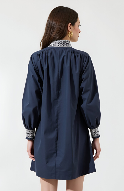 Modenaire Long Sleeve Mini Dress With Embroidered Waist, Cuffs And Collar In Blue