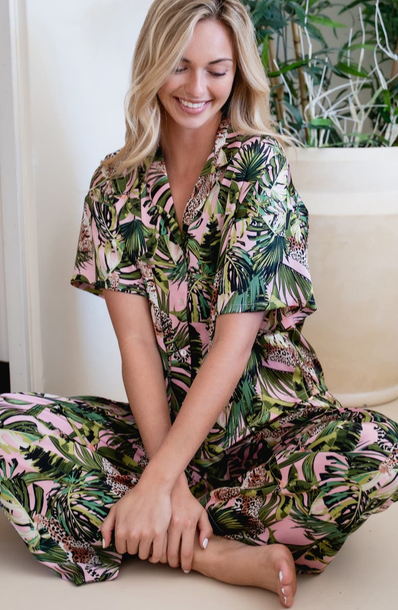 Midnight Bakery Jungle Print Button-Up Top & Pants Pajamas, Alternate, color, Pink