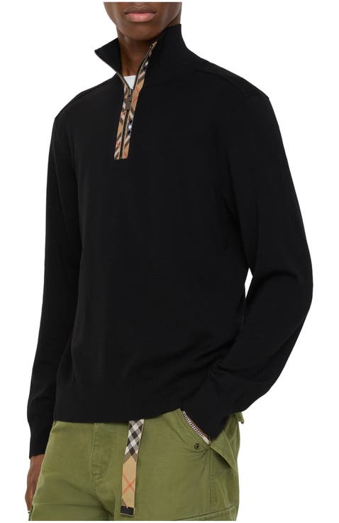 Check Trim Wool Half-zip Sweater