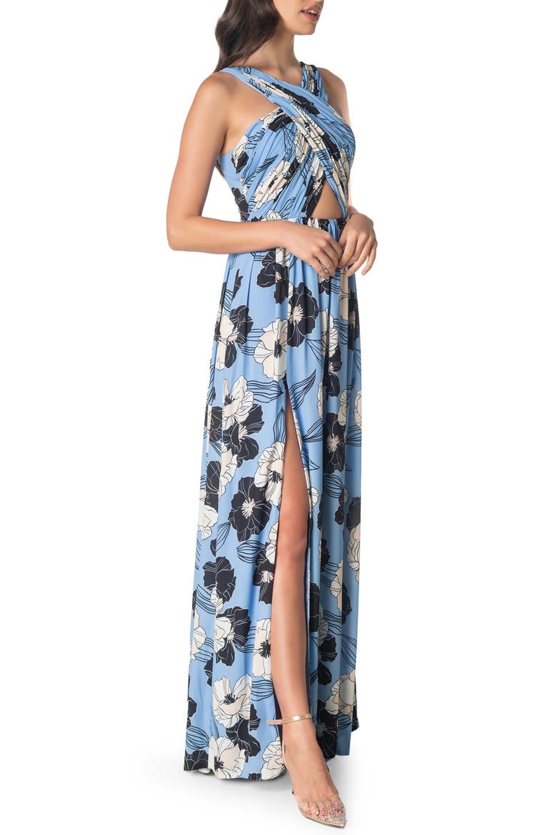 Rose Print Cutout Maxi Dress, Alternate, color, SKY MULTI
