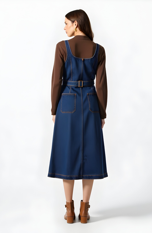 Modenaire Denim Midi Dress With Belt And Zip Front In Blue