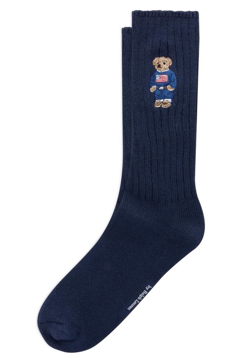 Embroidered Polo Bear Crew Socks, Main, color, NAVY