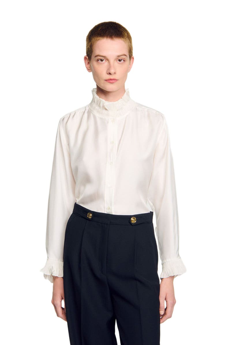 SANDRO Silk shirt with gathered collar, Main, color, Ecru
