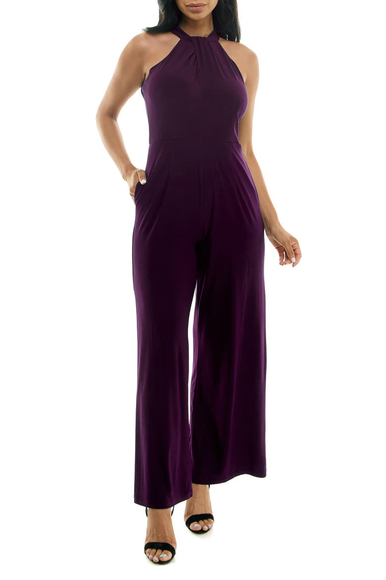 Twist Halter Knit Jumpsuit, Main, color, BLACK PLUM