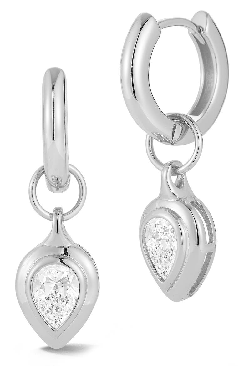 Pear Cut Moissanite Drop Huggie Hoop Earrings, Main, color, SILVER