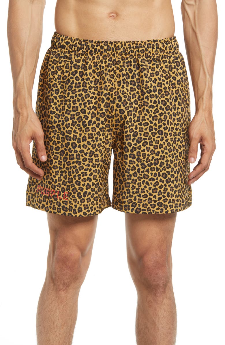 PURPLE BRAND PURPLE Leopard Print Swim Trunks, Main, color, B.l. Swim Shorts