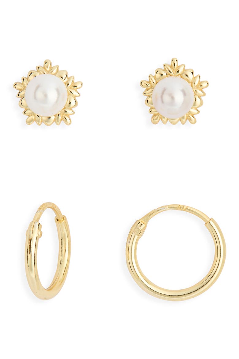 Set of 2 Faux Pearl Stud & Hoop Earrings, Main, color, GOLD