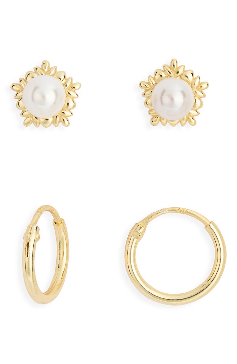 Argento Vivo Sterling Silver Set of 2 Faux Pearl Stud & Hoop Earrings, Main, color, Gold