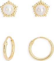 Argento Vivo Sterling Silver Set of 2 Faux Pearl Stud & Hoop Earrings