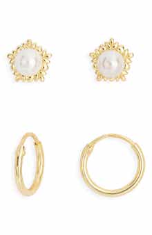 Argento Vivo Sterling Silver Set of 2 Faux Pearl Stud & Hoop Earrings
