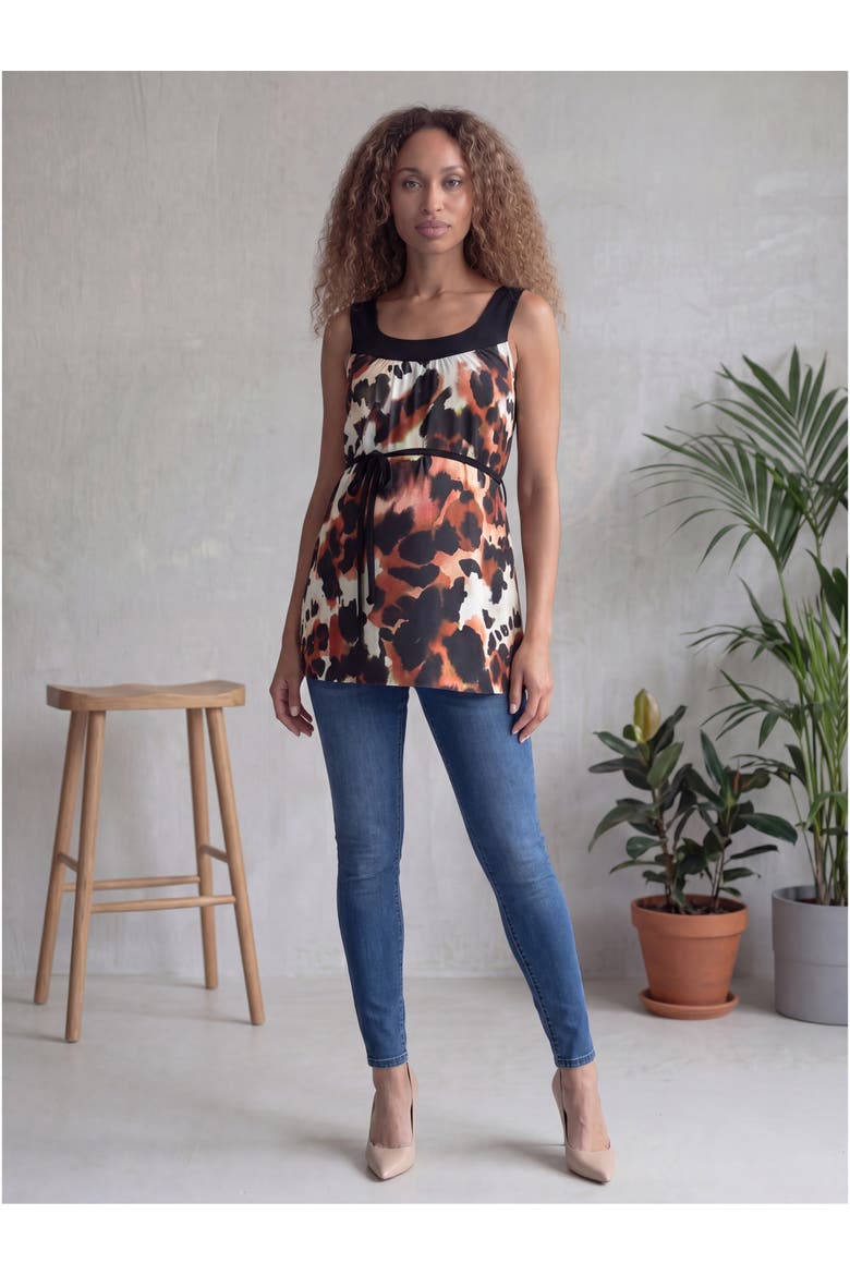 Maternity Essential Cheetah Print Scoop Neck Sleeveless Waist Tie Top, Alternate, color, White Multi