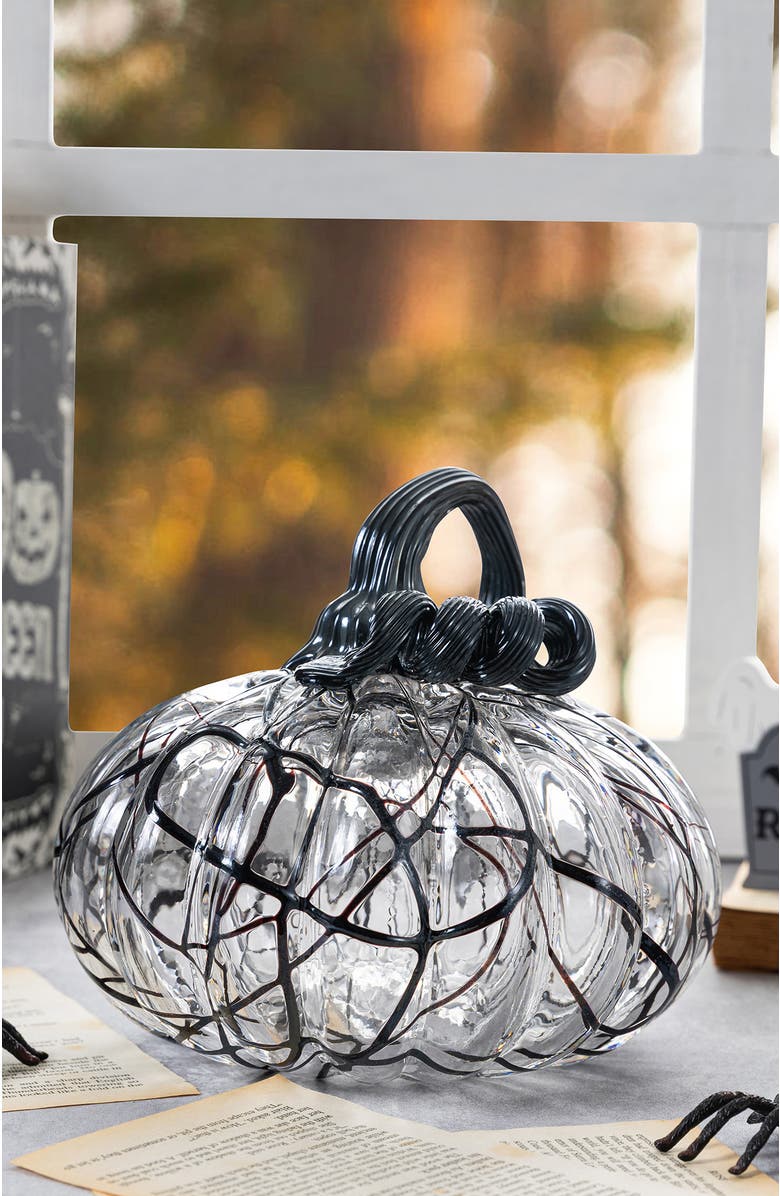 Glitzhome Halloween Abstract Black and White Glass Pumpkin, Alternate, color, Black