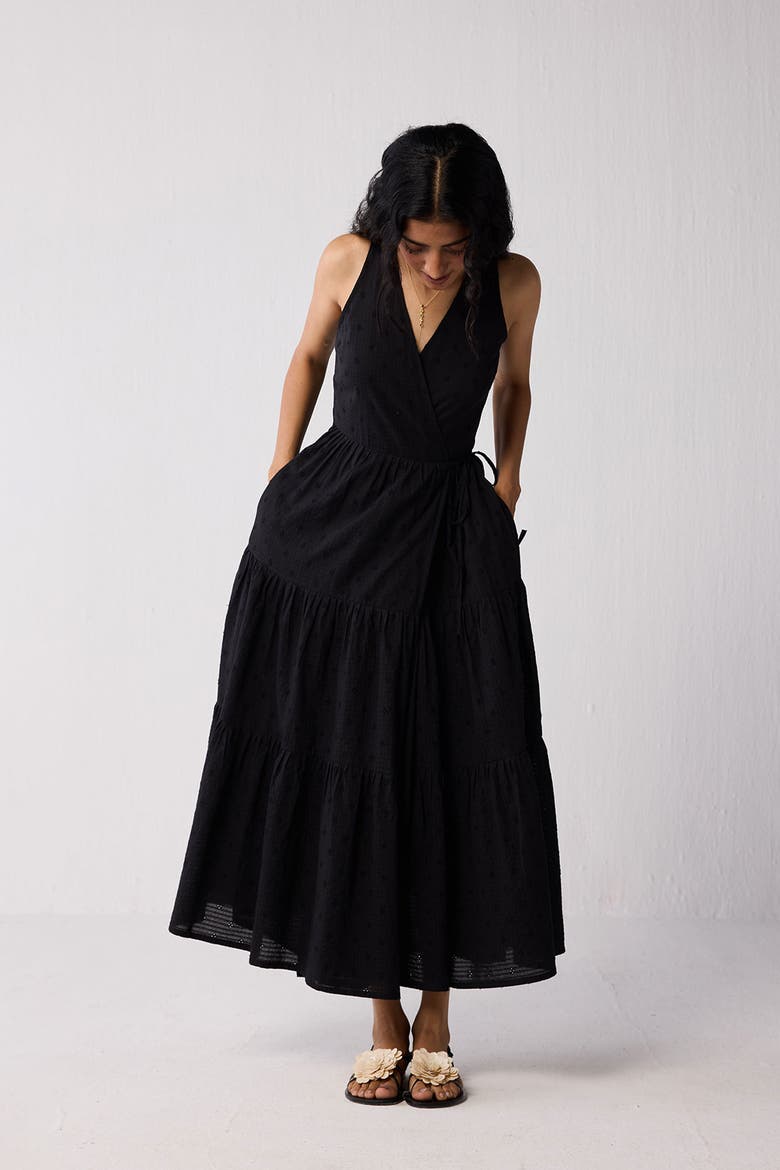 Sleeveless Embroidered Wrap Dress with Tiers, Alternate, color, Black