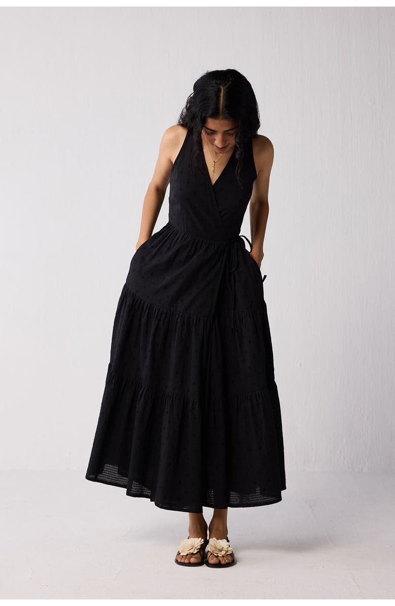 Reistor Sleeveless Embroidered Wrap Dress with Tiers, Alternate, color, Black