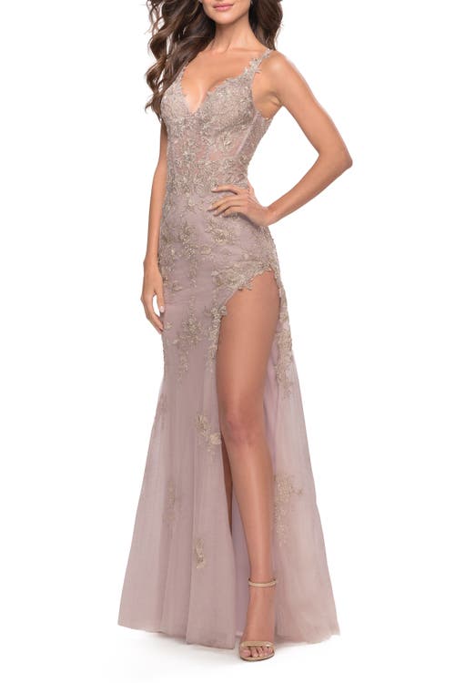 La Femme Lace Long Dress With High Side Slit And V-neckline In Neutral