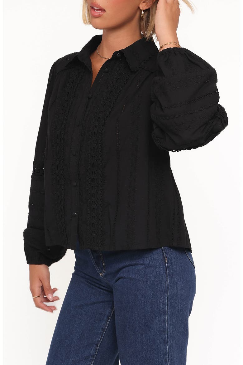 Catania Lace Panel Cotton Button-Up Shirt, Alternate, color, BLACK