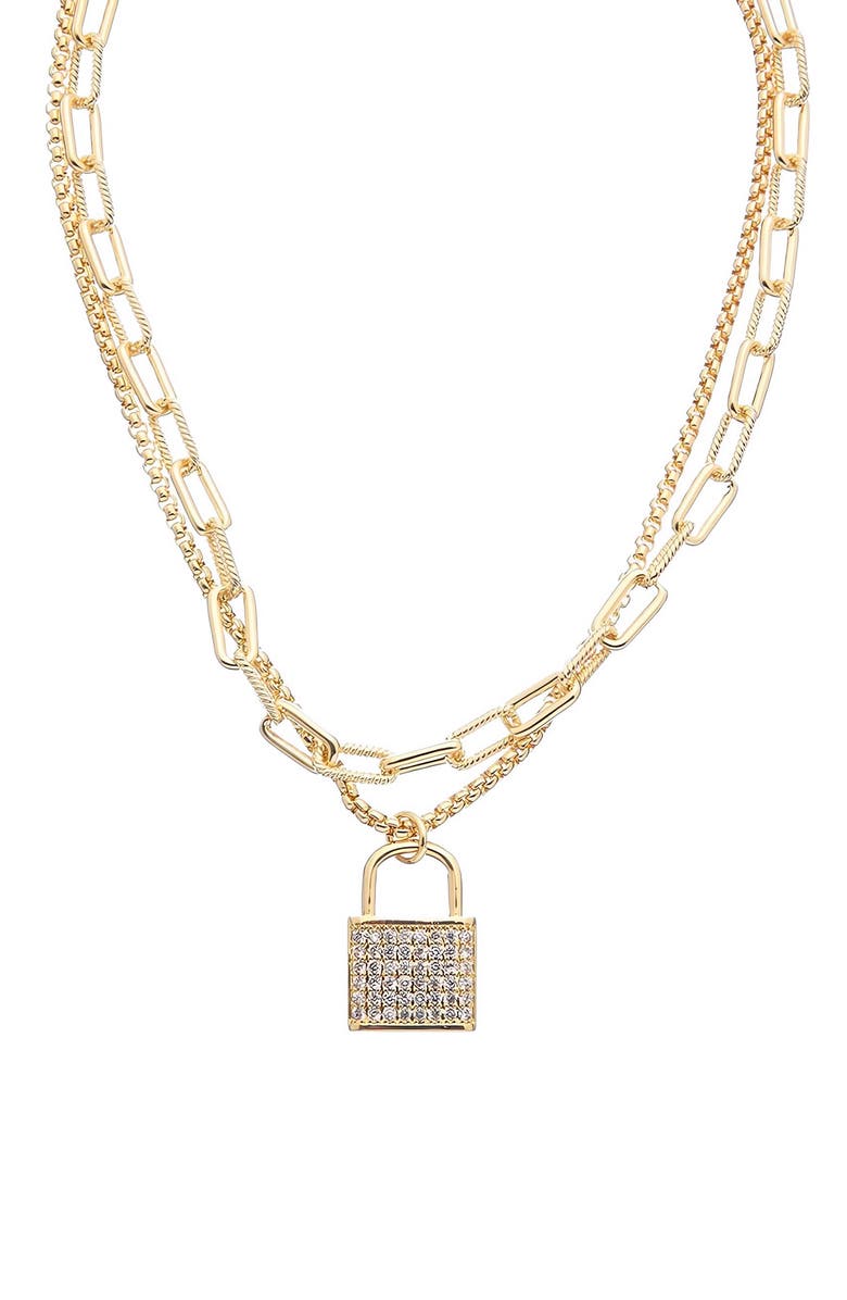 Juvell Pavé Lock Layered Necklace, Main, color, Gold