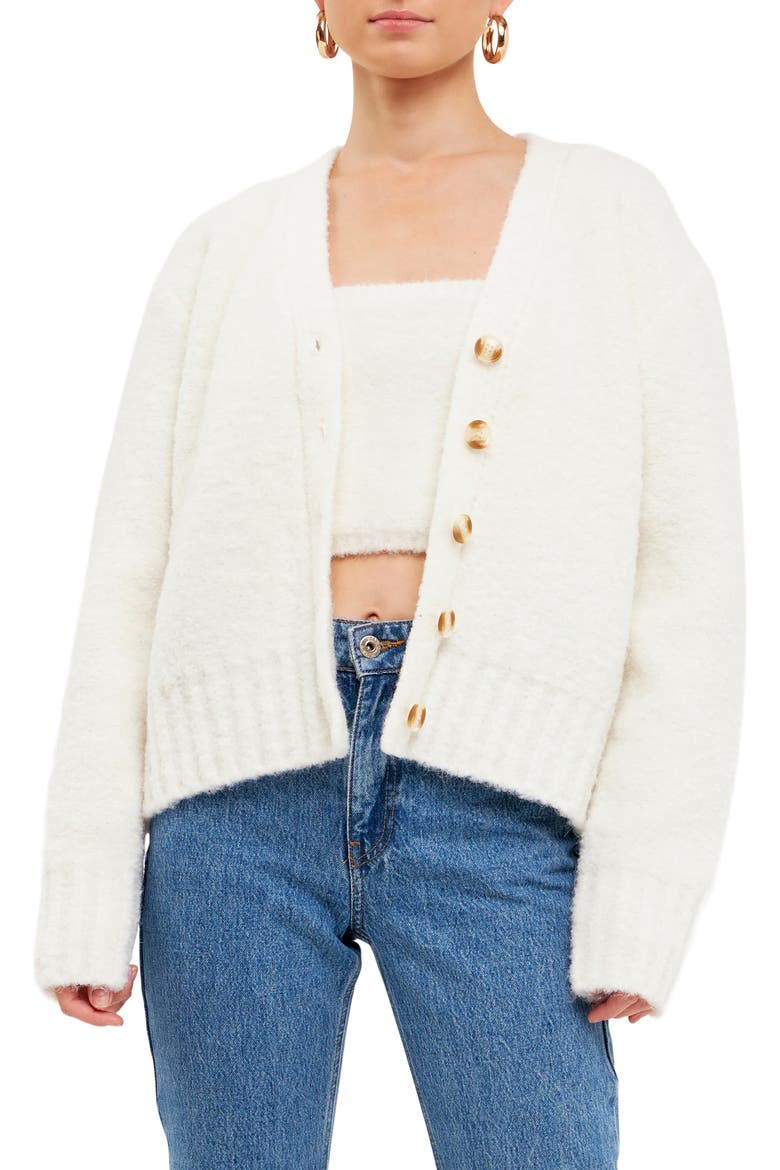 Fuzzy V-Neck Cardigan, Main, color, CREAM
