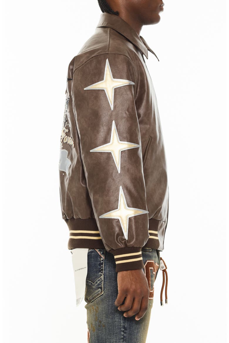 Legends Embroidered Faux Leather Varsity Jacket, Alternate, color, BROWN