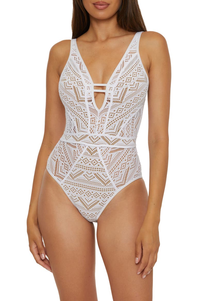 Color Play Mesh One-Piece Swimsuit, Main, color, WHITE/ TAN