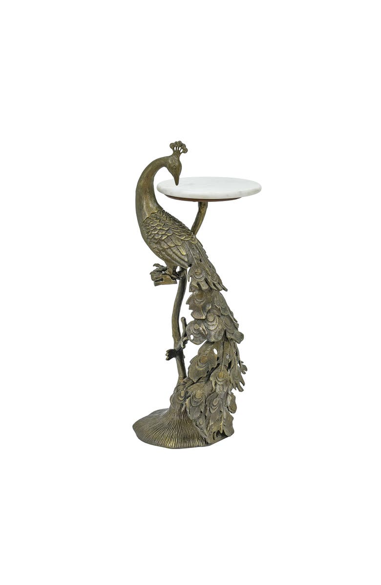 Expo Bazaar Brass Antique Side Table with Marble Top Peacock Sculpture Table, Main, color, Brass - 13X13.5x29.5"