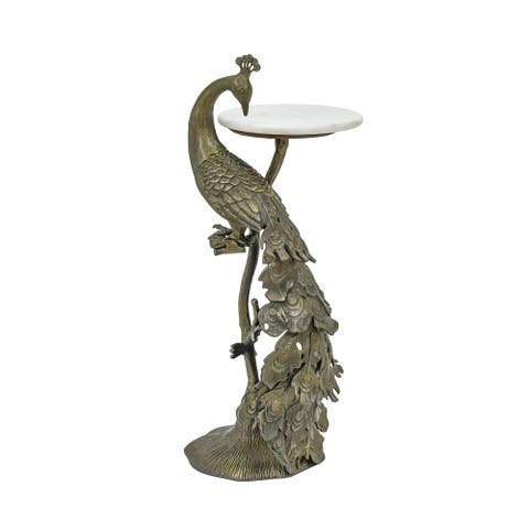 Brass Antique Side Table with Marble Top Peacock Sculpture Table