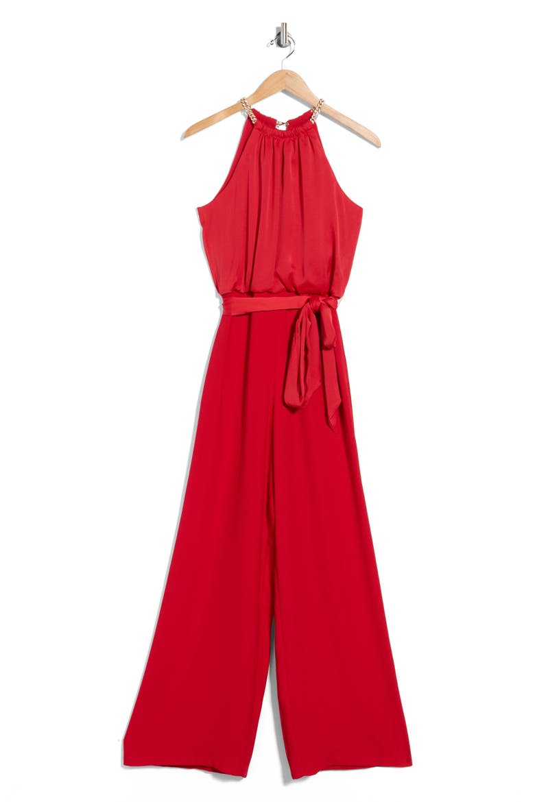 Chain Necklace Satin Jumpsuit, Alternate, color, RED