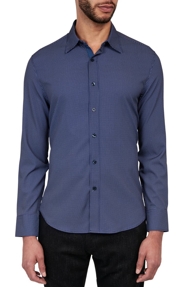 Slim Fit Microdot 4-Way Stretch Performance Button-Up Shirt, Main, color, NAVY