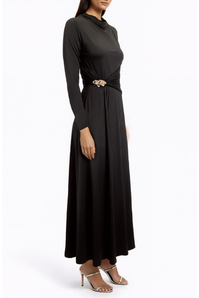 Belt Detail Long Sleeve Slinky Maxi Dress, Alternate, color, BLACK