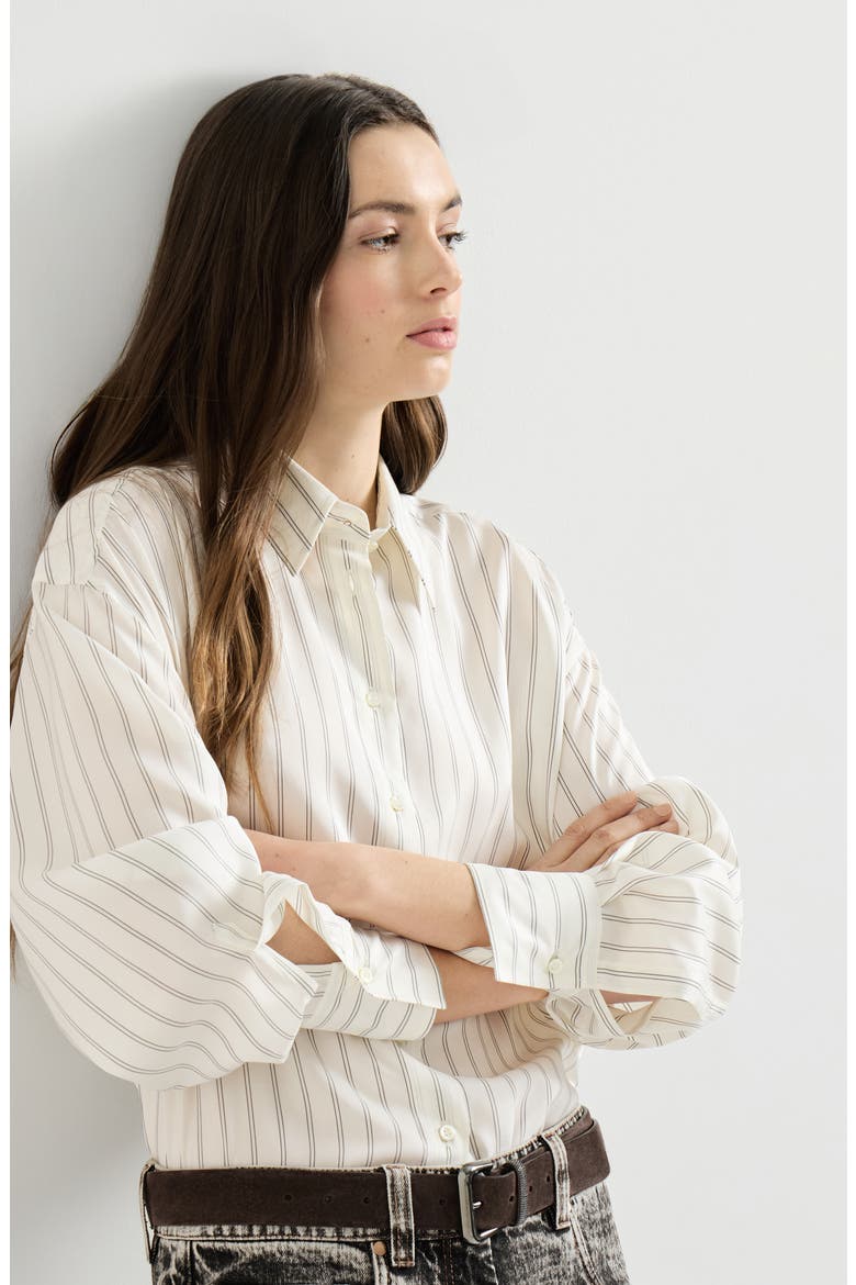 Striped silk poplin shirt with monili, Alternate, color, Butter