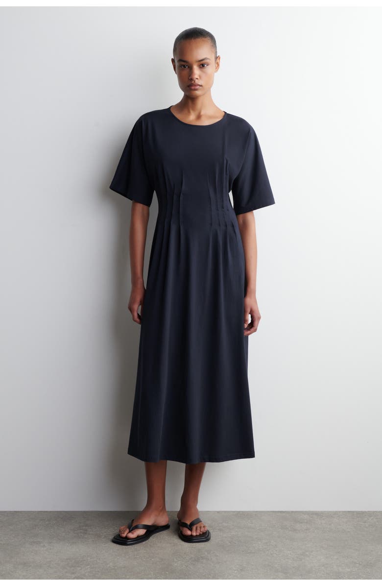 COS Pintucked Cotton Mini Dress, Main, color, Navy
