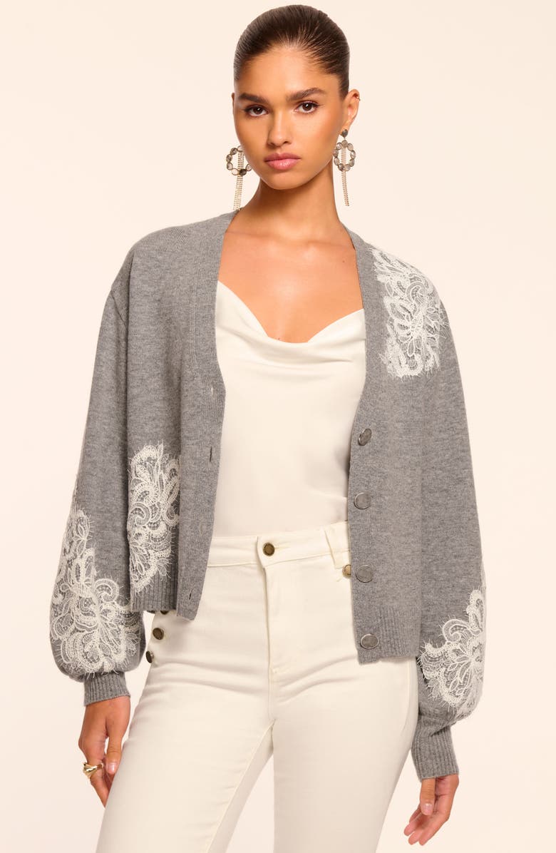 Ramy Brook Perry Lace Accent Wool & Cashmere Cardigan, Alternate, color, Heather Grey Combo