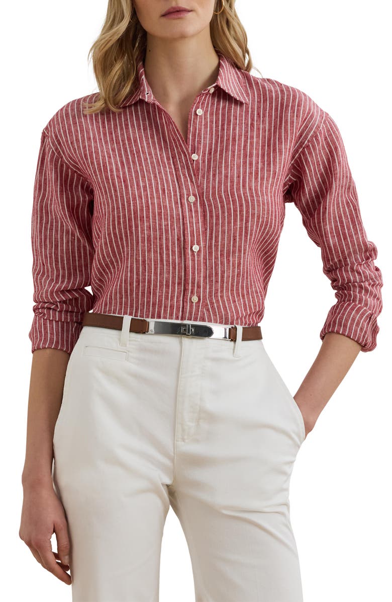 Lauren Ralph Lauren Stripe Relaxed Fit Linen Button-Up Shirt, Main, color, 