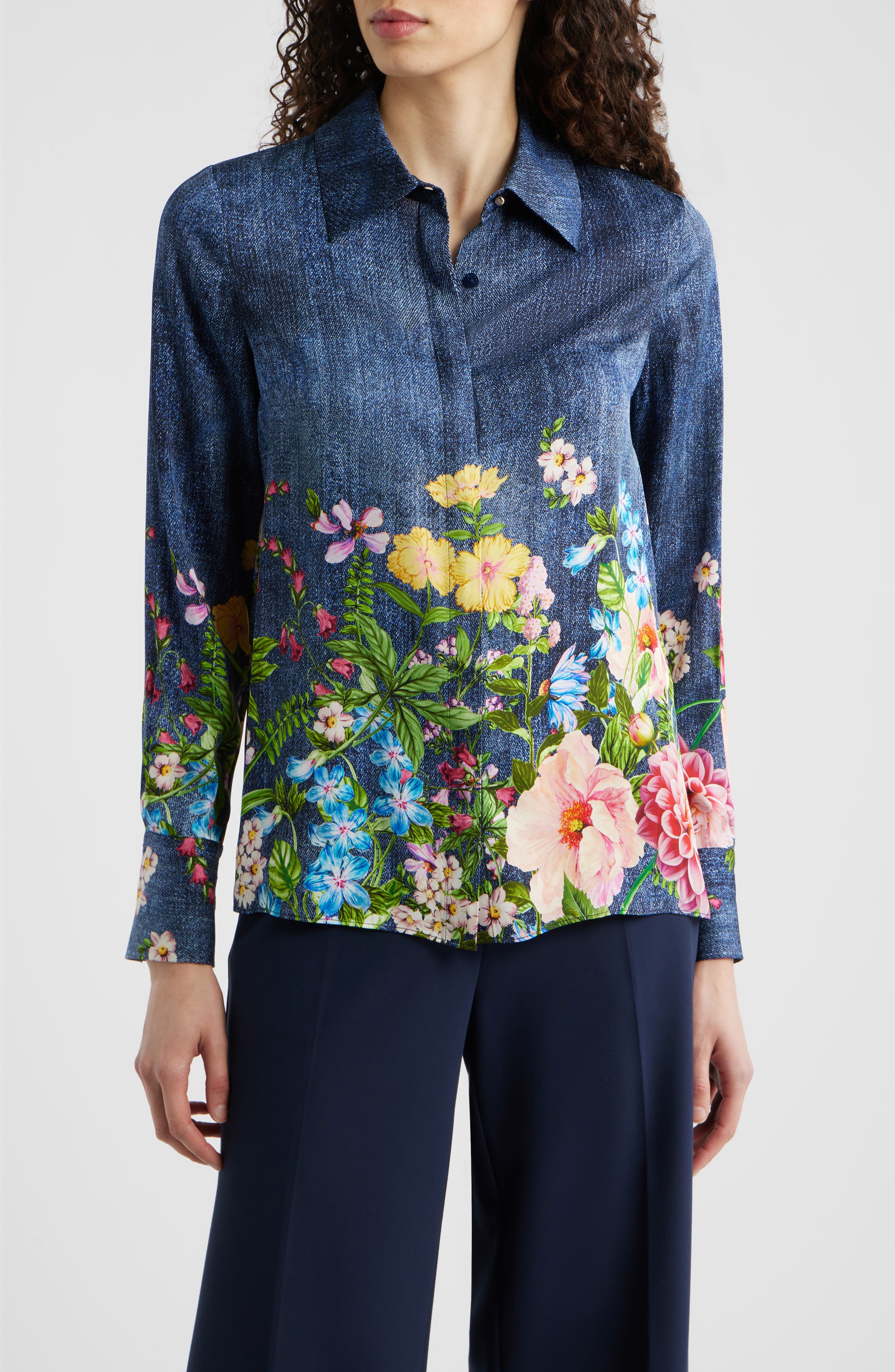 Elie Tahari The Johanna Garden Denim Silk Blend Shirt