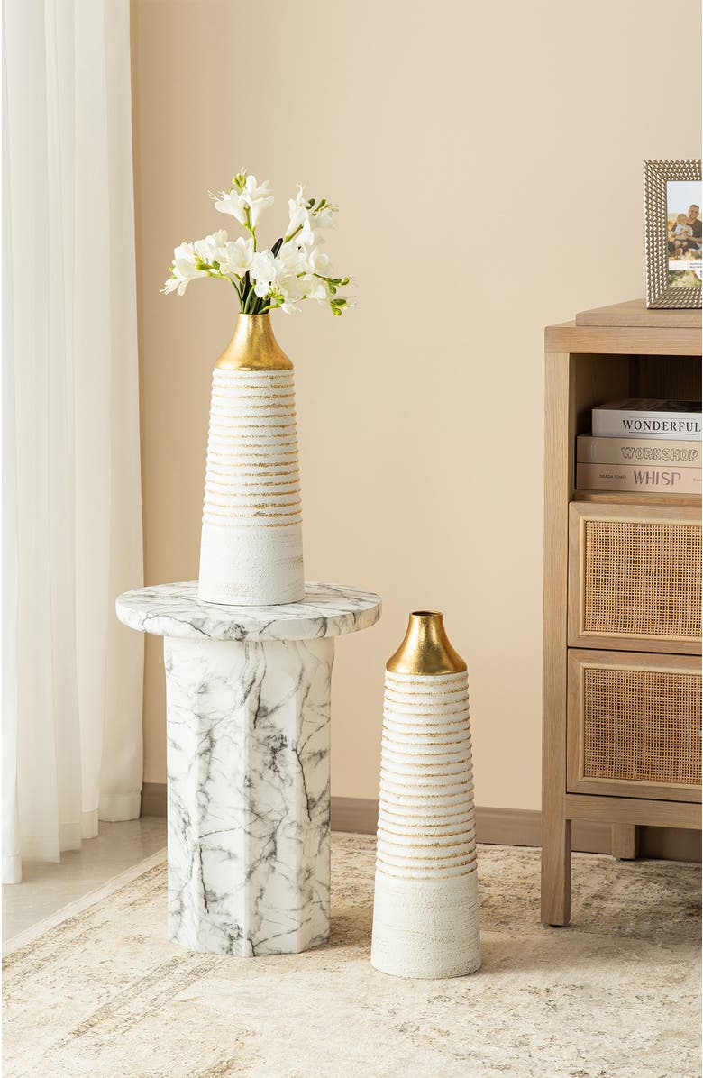 Glitzhome Set of 2 Modern White & Gold Stripes Metal Decorative Vases, Alternate, color, White