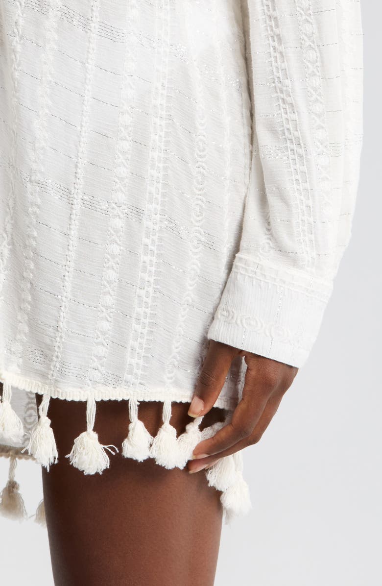 Ramy Brook Roman Metallic Tassel Trim Long Sleeve Semisheer Cover-Up Tunic, Alternate, color, 