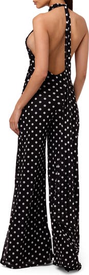 Polka Dot Wide Leg Halter Jumpsuit