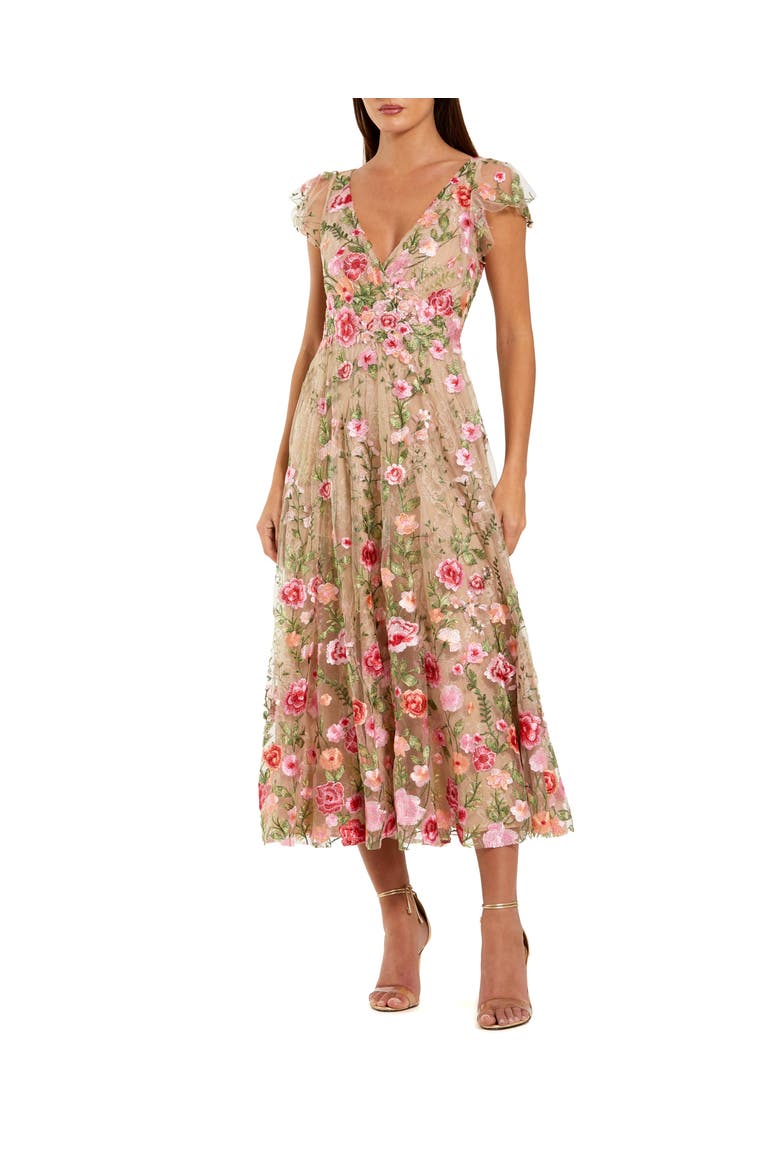 Embroidered Cap Sleeve V Neck Ankle Dress, Main, color, Nude Multi