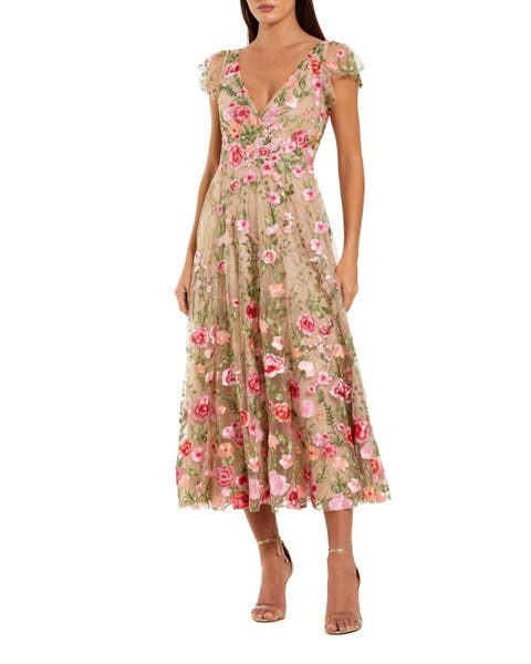 Embroidered Cap Sleeve V Neck Ankle Dress